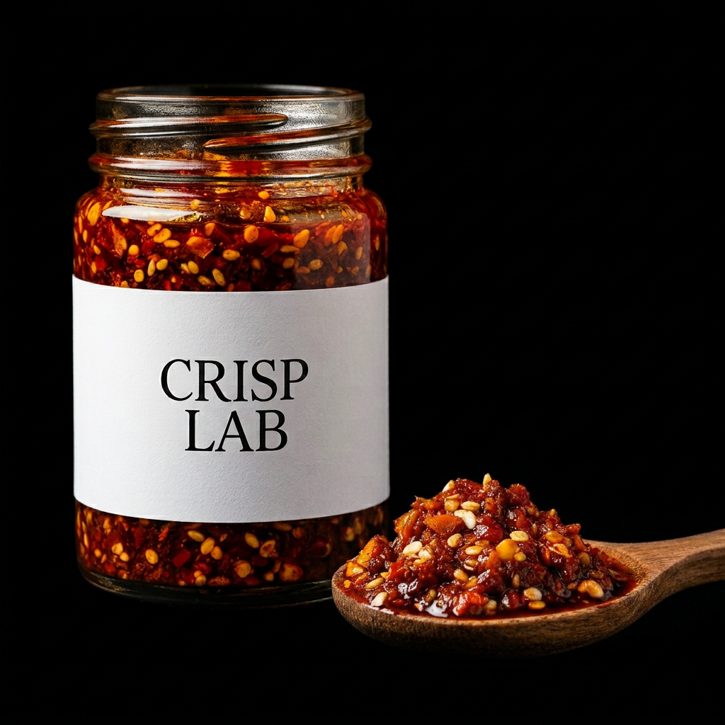 Crisp Lab jar beside a wooden spoon piled with chilli crisp