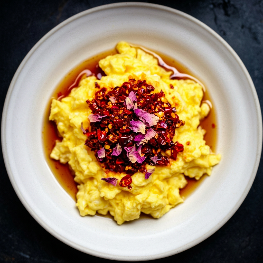 Soft scrambled eggs with Crisp Lab chilli crisp